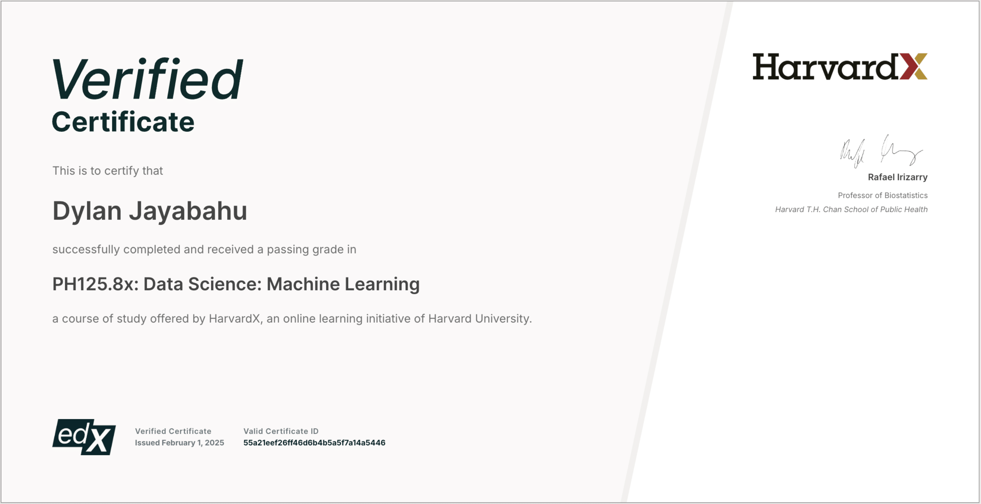 Data science machine learning certificate