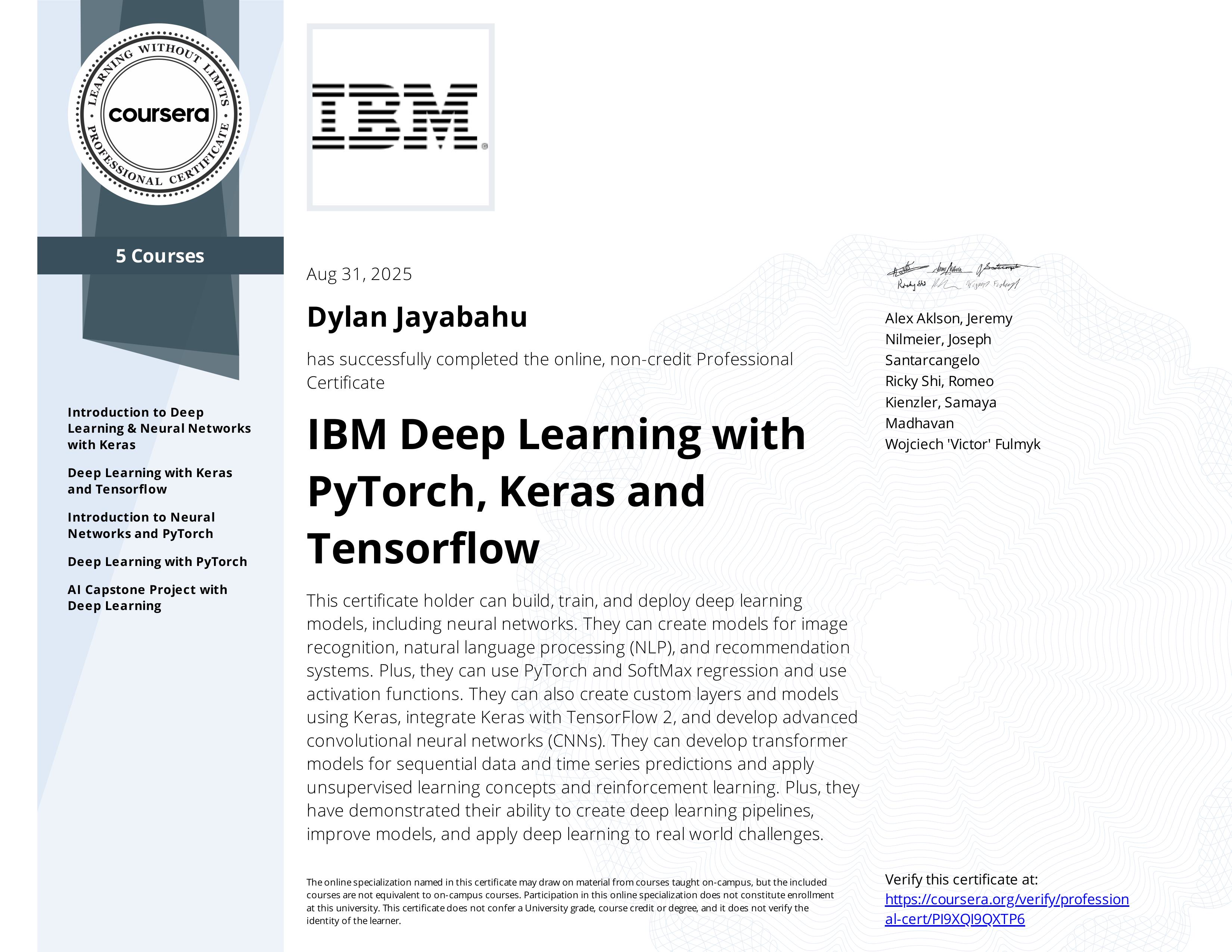IBM deep learning with pytorch keras and tensorflow professional certificate