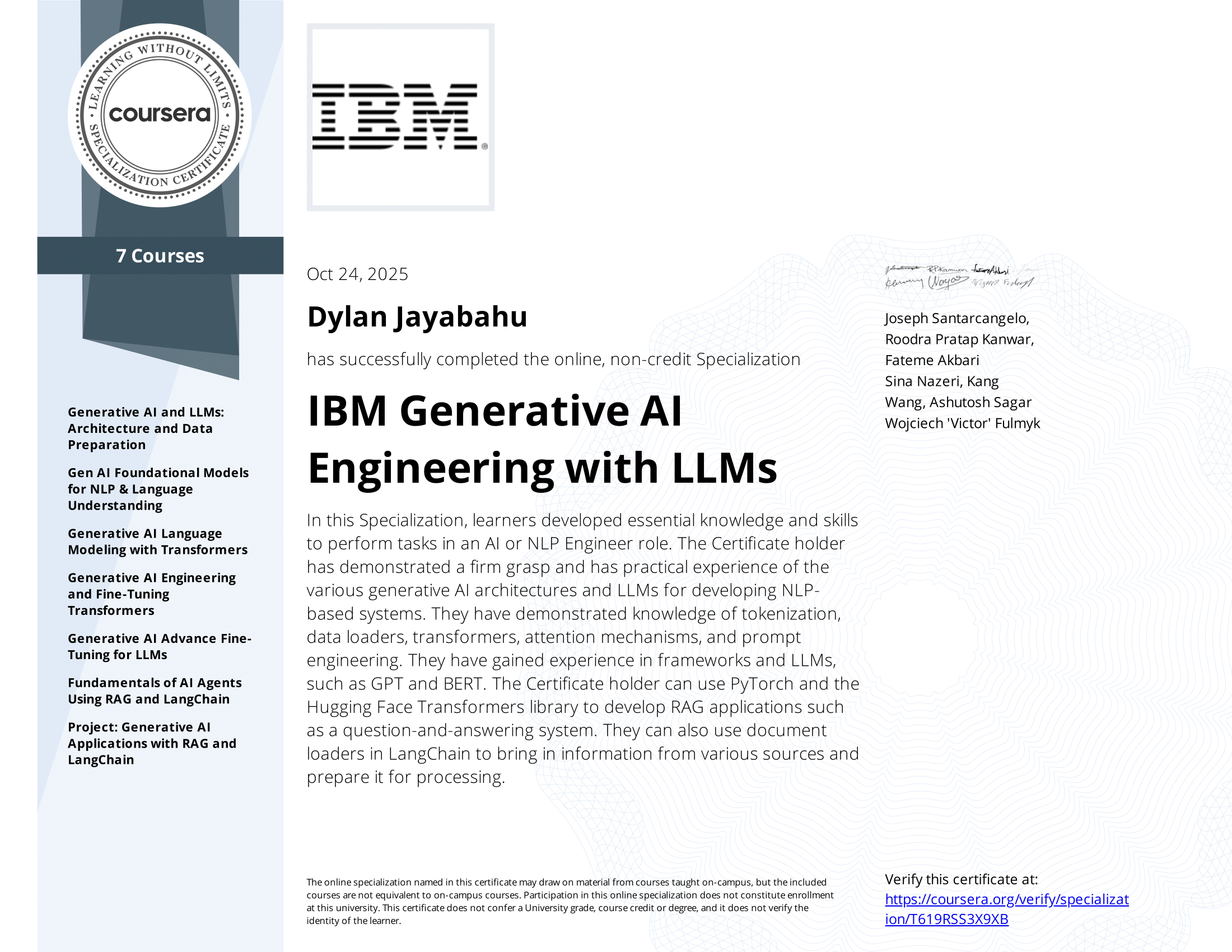 IBM Generative AI Engineering with LLMs Specialization Certificate